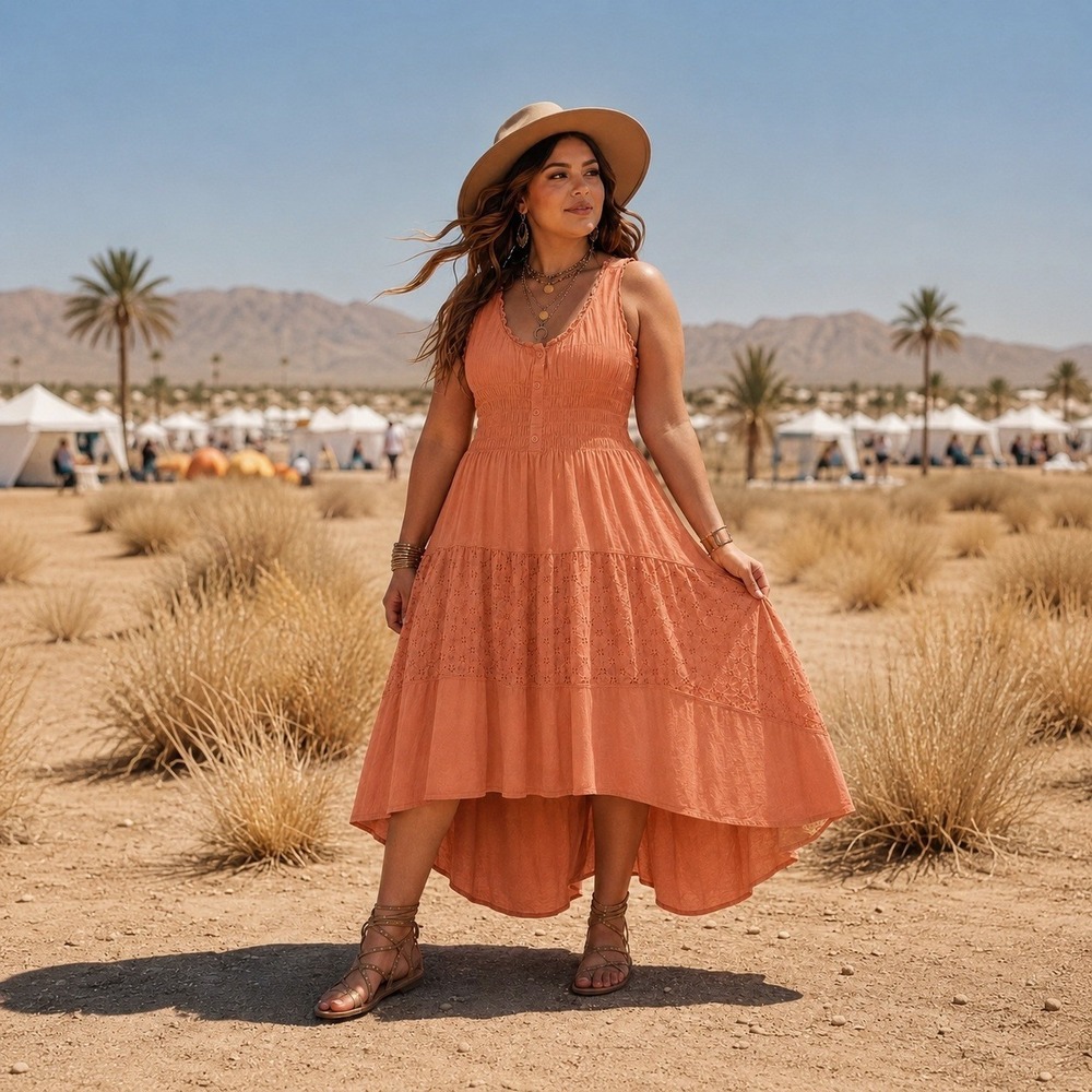 Boho Midi Dress Cotton Rust Cottagecore Cowgirl Smocked Tiered Button Sundress